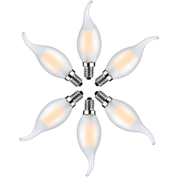 6 LED-liekkilampun sarja E14, 4W, lämmin valkoinen, 2700K, hehkulankakynttilälampun kattokruunuihin, himmeä lasi