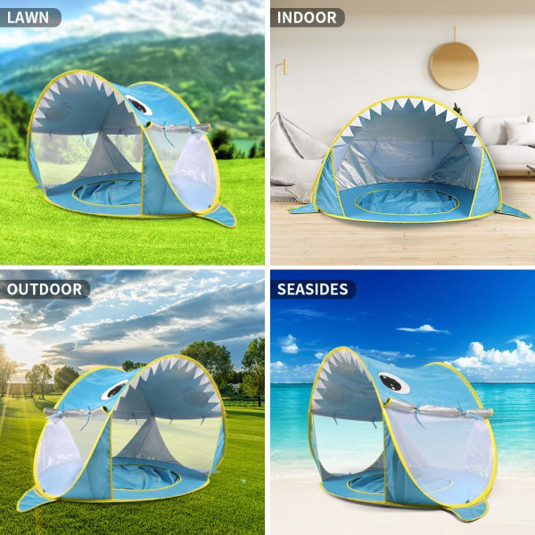 Pop Up Baby Beach tält med pool, Portable Shark Sun Shelter tält med UPF UV 50+ skydd för toddler i åldern 3-72 månader