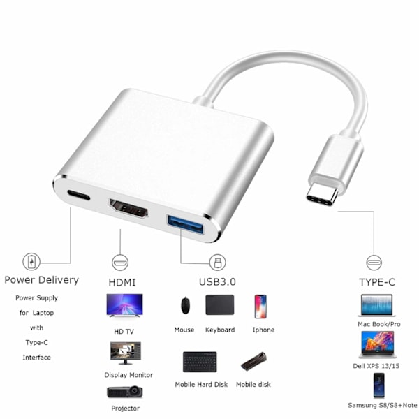 USB-C till HDMI Adapter (Stödjer 4K/30Hz) - 3-i-1 Typ-C Konverteringskabel - för MacBook Pro 2017/2018, MacBook och andra USB 3.0 Typ-C enheter