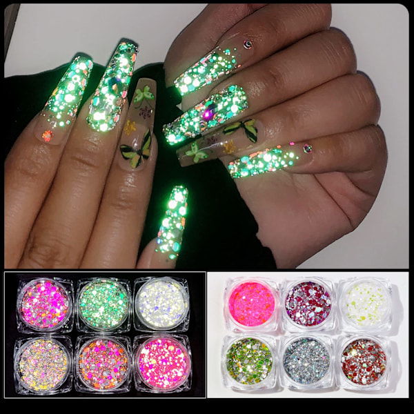 Självlysande Glitter, 6 Färger Ljusande Iridescent Chunky Glitter, Kosmetisk Hantverksglitterset för Epoxiharts, Kropp, Ansikte, Naglar