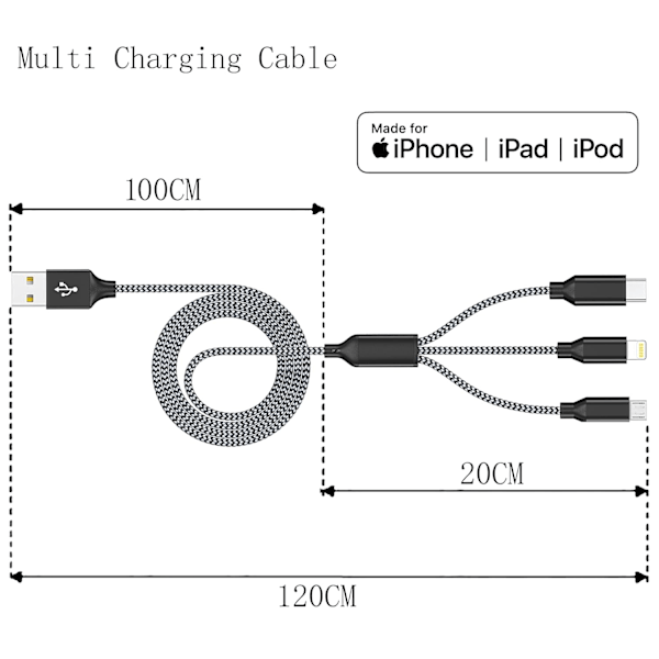 Useita latauskaapeleita 3-pakkauksessa 4FT Monilatauskaapeli Nopea kaapeli USB-latauskaapeli 3-in-1