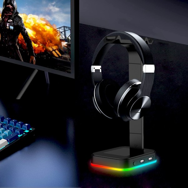 Hovedtelefonstativ, RGB-headset-holder med 2-ports USB-hub Gamer Hea