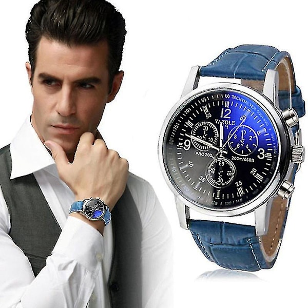 Herre Luksus Mode Imiteret Læder Blå Ray Glas Quartz Analog Armbåndsure, Voksen, Unisex