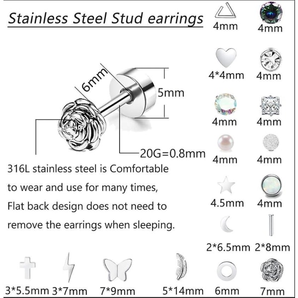 18 par korvakoruja naisille, ruostumattomasta teräksestä, pienet napit, geometriset, litteä takapuoli, setti
