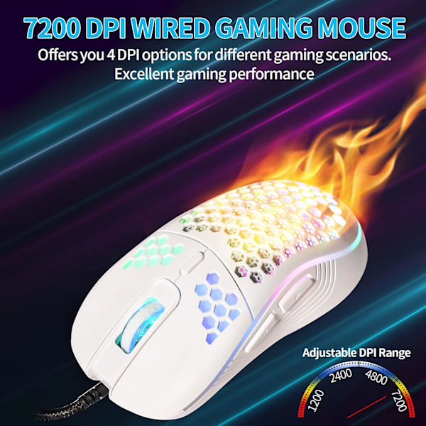 Honeycomb Wired Gaming Mouse, RGB-baggrundsbelysning og 7200 Justerbar