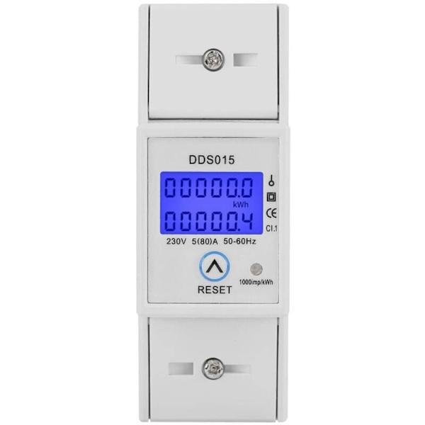 Energimätare, 5-80 A, 230 V, 50 Hz, LCD, enfas energimätare, wattmätare, DIN-skenmontering, DDS015 NPTERBL
