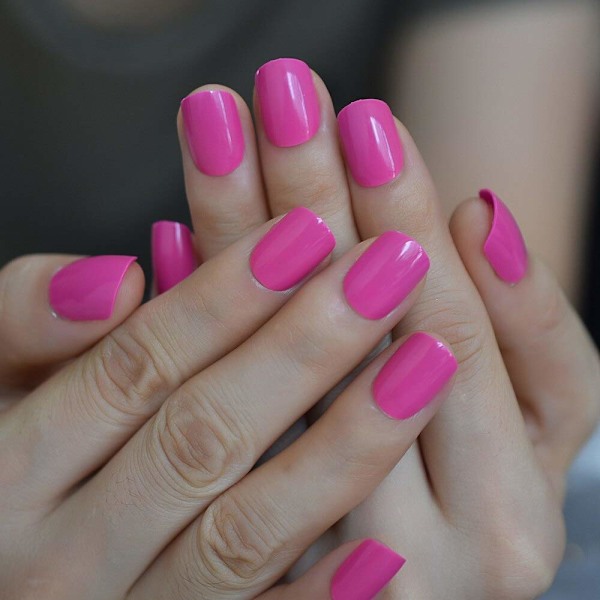 Korte neon falske negle dyb pink pink firkantet form naturlige gel negle kunstige farvede neglespidser med klæbende faner