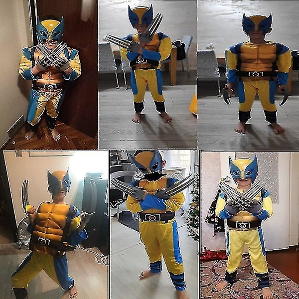 Wolverine-dräkt för barn, superhjältedräkt, jumpsuit, halloween-cosplay, mask/vargklo-rekvisita, fantasy-G, 3-delars set 3Pcs Set L(130-140CM)