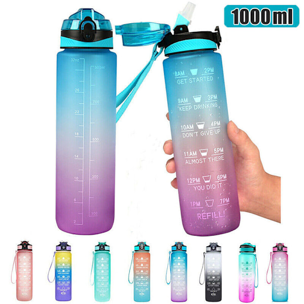 2-pack - 1 l vattenflaska med sugrör och timer Black