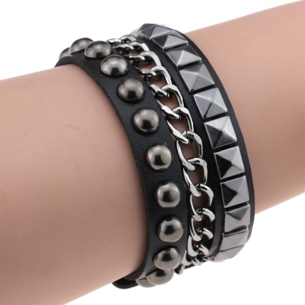 Punk Armbånd for Menn og Kvinner - Gotisk Svart Lærarmbånd med Nagler og Nagle Mansjetter, Justerbart Flerlagsarmbånd