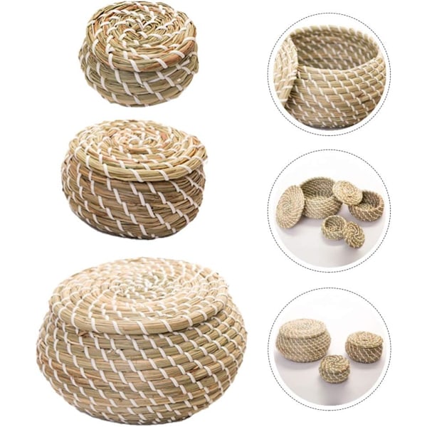 Hantverksmässiga sjögräskorgar, förvaringskorgar med lock, mångsidig design för heminredning, set med 3 vävda sjögräsbehållare med lock