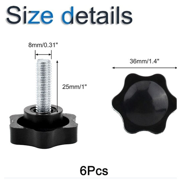 6 kpl M8x25mm siipimuttereita, pyälletty muovinen tähtinuppi siipimutteri