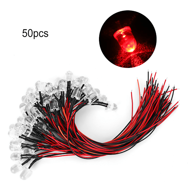 50 st LED-dioder med kablar, 12V, 10 mm rund, röd{YD}
