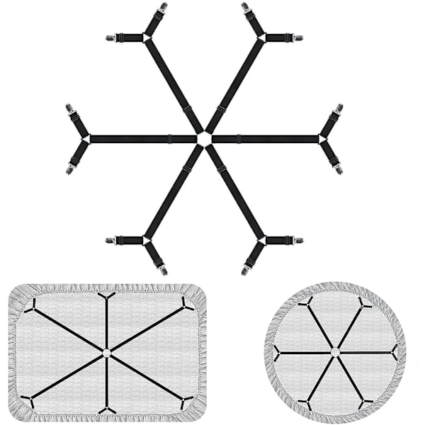Justerbara lakanfästen, elastiska tvärlakanremmar hängslen, 6-vägs stängda öglor svarta lakanhållare, anpassade lakanclips