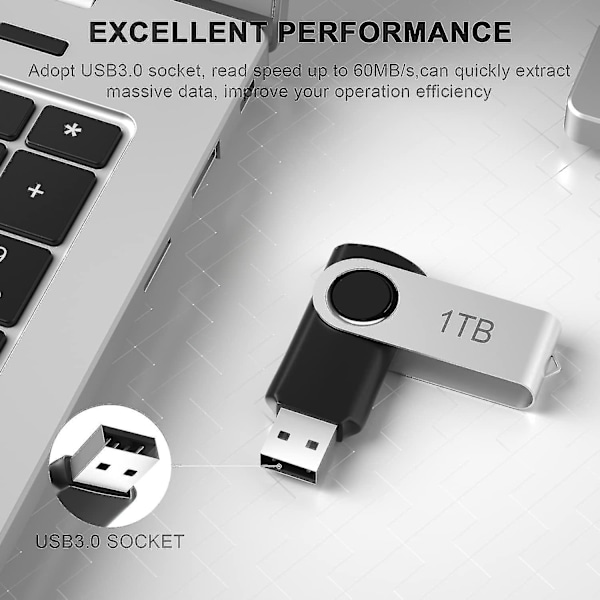 USB 3.0 -muistitikku 1 TB, ultranopea flash-muisti 1000 GB, yhteensopiva tietokoneen/kannettavan kanssa, kannettava metallinen muistitikku 1 TB pyörivällä muotoilulla