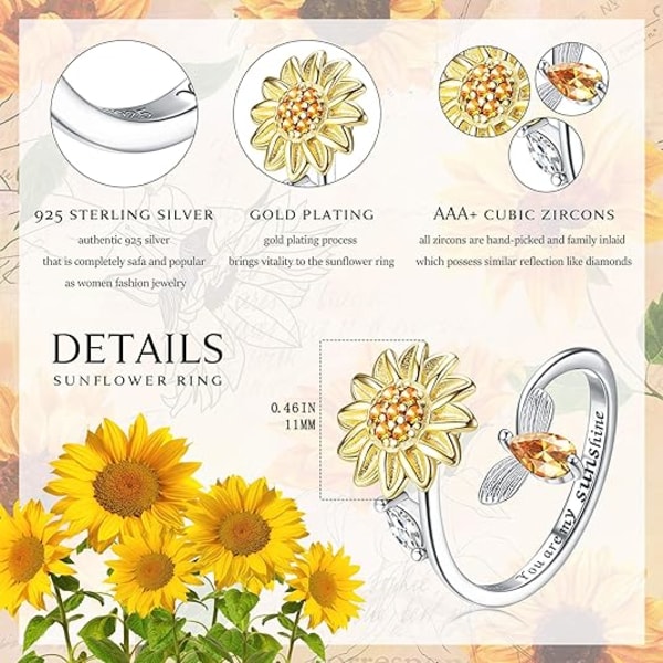 S925 Sterling Sølv Fidget Ringe til Kvinder Justerbar Åben Ring Cubic Zirconia Solsikke Du Er Mit Solskin Ring Spinner Gave til Valentinsdag