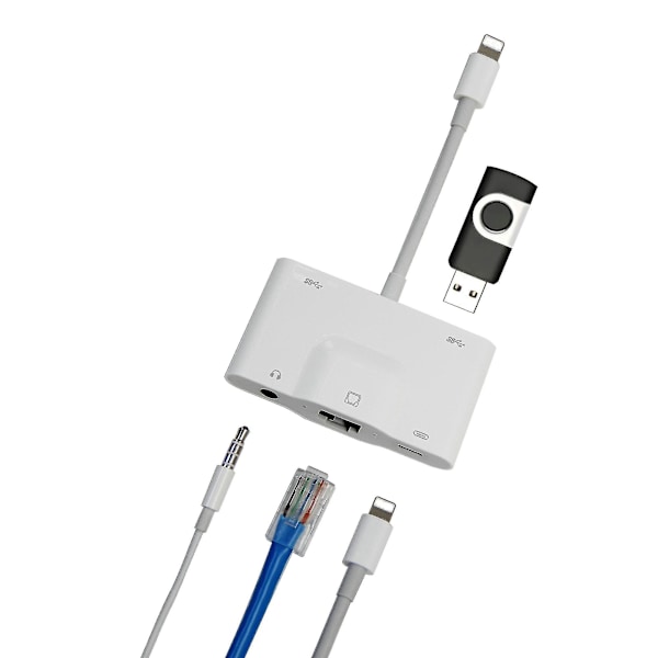Lightning till RJ45 Ethernet LAN Kabelansluten Nätverksadapter 5 i 1 USB OTG LAN RJ45 Ethernet 3,5 mm Höghastighetskonverterare