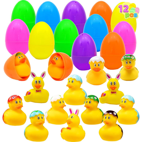 12 påskeæg fyldt med gummiænder, farvestrålende æg fyldt med forskellige gule ænder, som alle kan lege med i badet axe duck