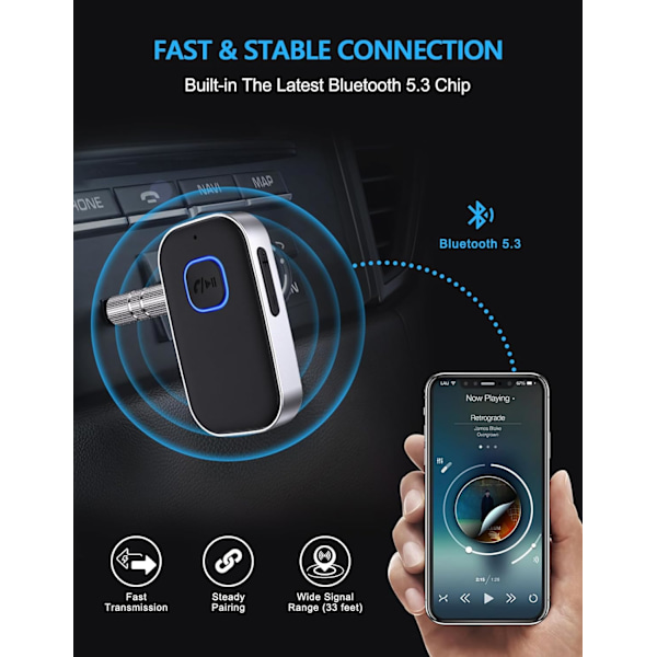 Bluetooth-vastaanotin autoon, melua vaimentava 3,5 mm AUX Bluetooth-autolaturi, handsfree-puhelut, 16 tunnin akunkesto - Musta+Hopea