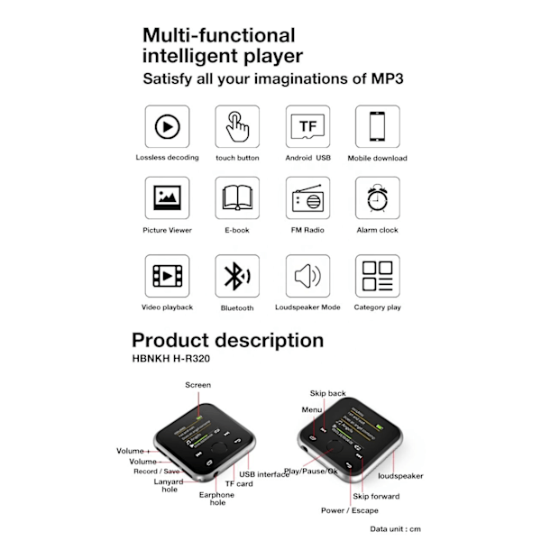 Bærbar BT MP3 med FM Radio USB TF Kort MP3 Afspiller 4GB (Hvid)