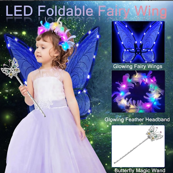 Glitrende Fe-vinger for Voksne, LED-Hodebånd og Tryllestaver for Fe-temafest Dragonfly blue Dragonfly blue