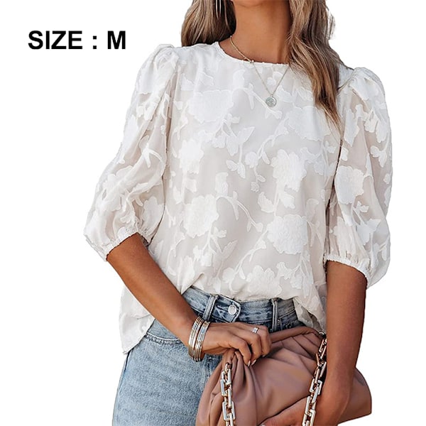 Løs chiffon top med bobleærmer og blomstret tekstur (Hvid)