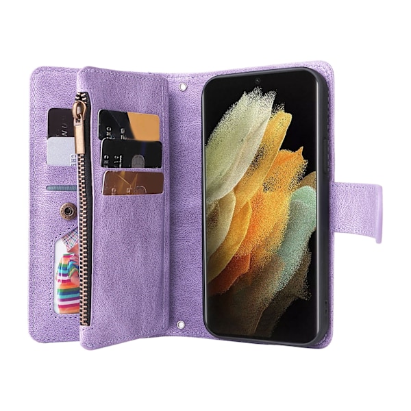 Lompakkokotelo magneettisella sulkimella, läppäkotelo korttipidikkeellä ja sisäänrakennetulla jalustalla Galaxy S21 Ultra Purple -puhelimelle