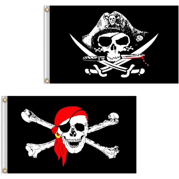 60 x 90 cm Set med 2 piratflaggor Dödskalle (röd halsduk) och korsade svärd