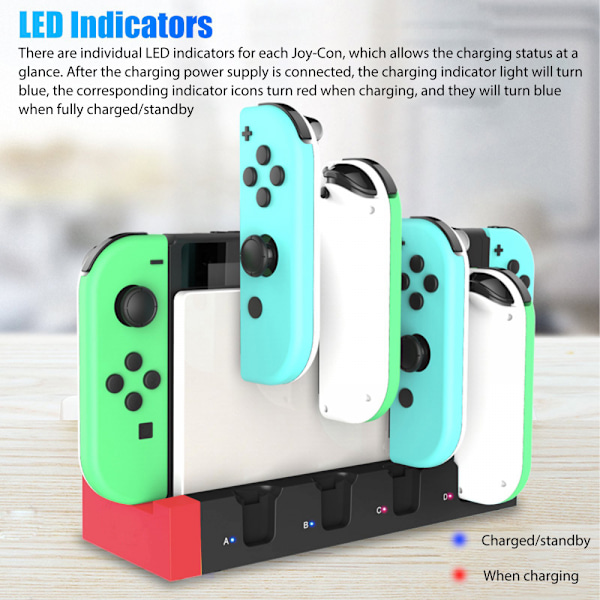 Nintendo Switch & Switch Oled modell Joy-con kontroller ladestasjon, Tsv ladestasjon, 4-i-1 LED USB ladestasjon