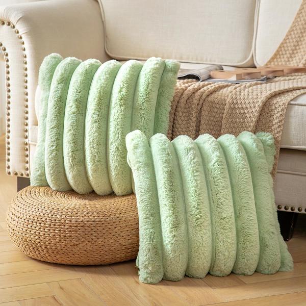 Plys Plysch Pudebetræk 40x40 cm Sæt med 2 - Luksuriøse Dekorative Fuzzy Stribede Bløde Behagelige Pudebetræk til Sofa, Sofagruppe, Stue - Grøn