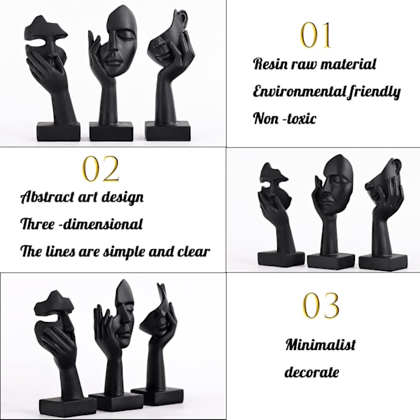 Sort Hjem Dekoration Accent Kunst Kvinde Ansigt Statue Samlerobjekt Statue til Moderne Hjem Stue Bogreol Sort Skrivebordsindretning 3-delt Sæt