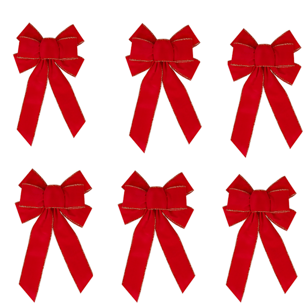 6pcs Red Flocking Gold Ribbon Ribbon Bow Christmas Red Large