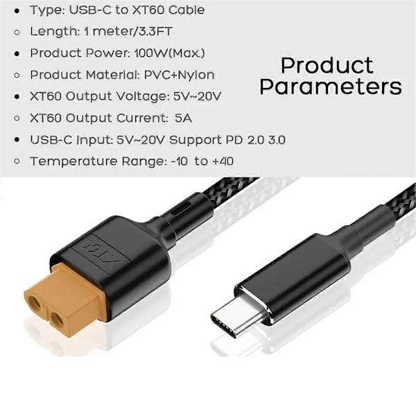 USB-C Type-C til XT60 Ladekabel PD 100W 20V/5A Ladekabel til Tool Kitrc M7 M6 M6D M8S Oplader, Solpanel.