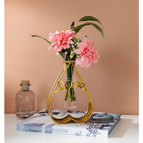 Skrivbordsvaser med provrörsglasblomvas med guldmetallställ
