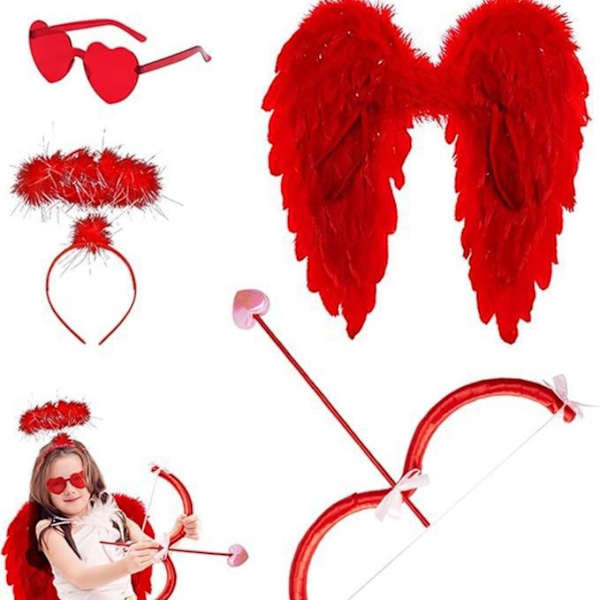 Cupido-pil og bue for Valentinsdagen Eros-pil Gudinne-pil Fjærvinger party Cosplay kostymerekvisitter (rød) red