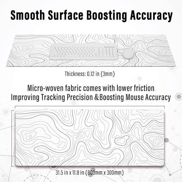 Stor gaming musemåtte med syede kanter, minimalistisk topografisk kort musemåtte, udvidet musemåtte med skridsikker 31,5 x 11,8 tommer