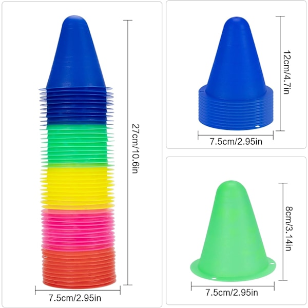 50 stk fargerike plastkjegler Pyloner hinderkjegler Sport Roll