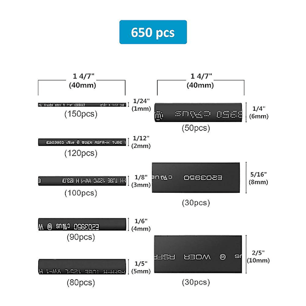 650 stk krympestrømper, svart krympestrømper, elektrisk isolasjon krympestrømper