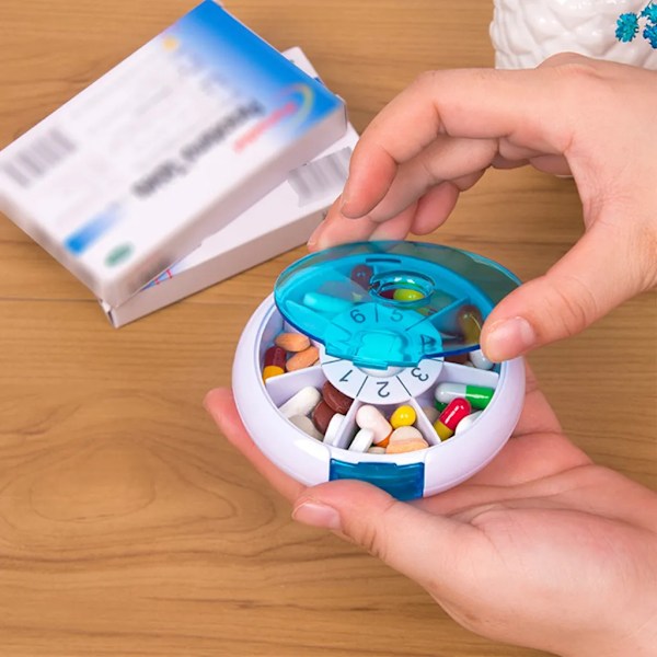 Rund pillerask tablettask 7 dagars medicinlåda, roterande pillerask med snäpplås, blå siffror