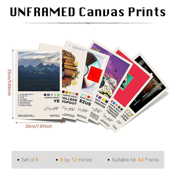 6-pak Kanye West Album Plakat Ye The College Dropout Yeezus Graduation Late Registration Prints Cover Vægkunst Indretning Fans Musikelskere Gaver