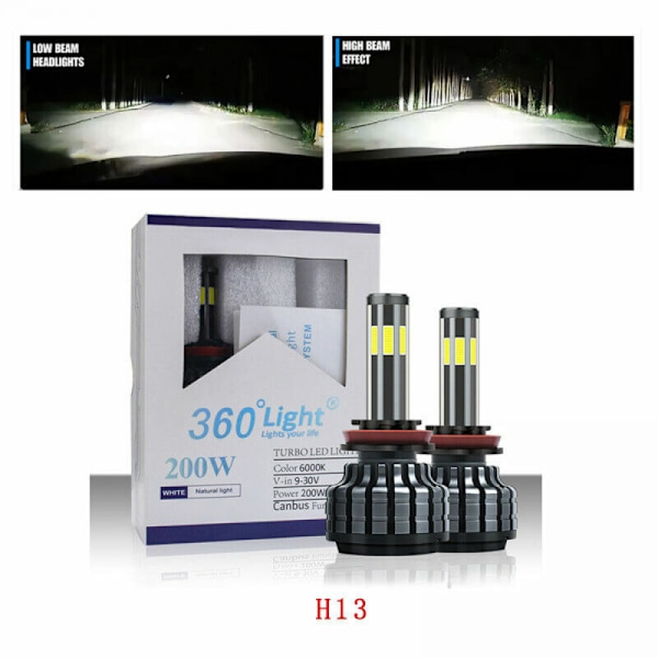 360° 6-sided H13/9008 LED headlight bulb high/low beam 200W 20000LM 6000K