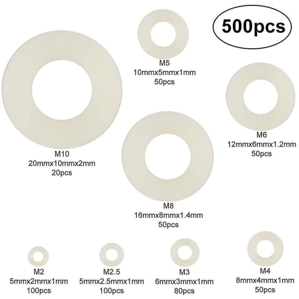 500 stk Plastskiver Nylon Flate Skiver M2 / M2.5 / M3 / M4 / M5 / M6 / M8 / M10 Hvite Tetningspakninger for Industrielle Festemidler null ingen