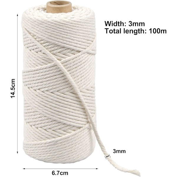 100M Hvid Macrame Bomuldsreb, 3mm Jute Bomuldsgarn, Bomulds Macrame Tråd, Snorgarn, Flettet Reb Garn til Gaveindpakning Strikke Dekoration