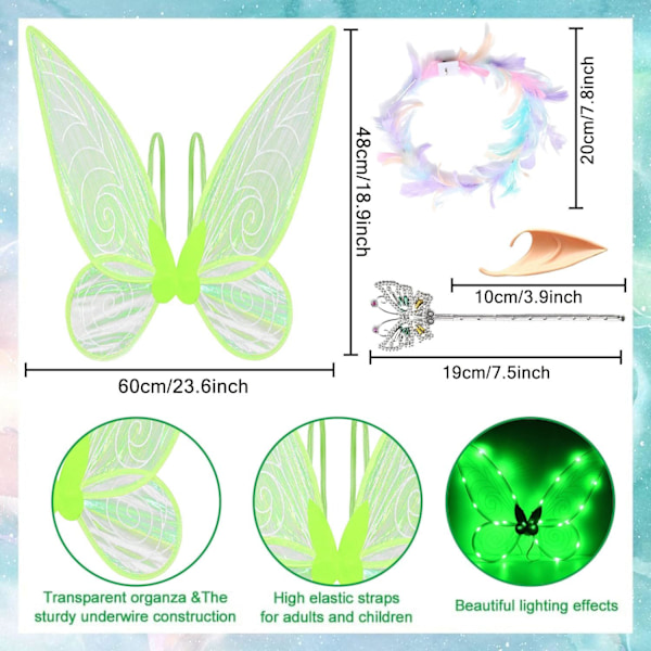 Kimaltelevat Keijusiivet Aikuisten, LED-Pannat ja Taikakepit Lastenjuhliin Dragonfly green Dragonfly green