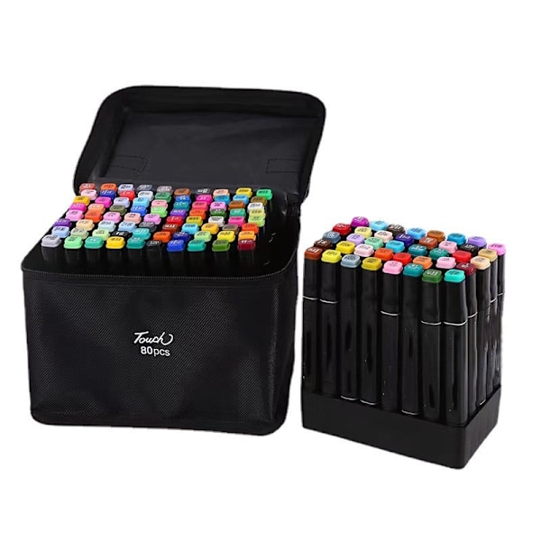 80-pack - Dubbelsidiga filtpennor med fodral - Flerfärgade pennor