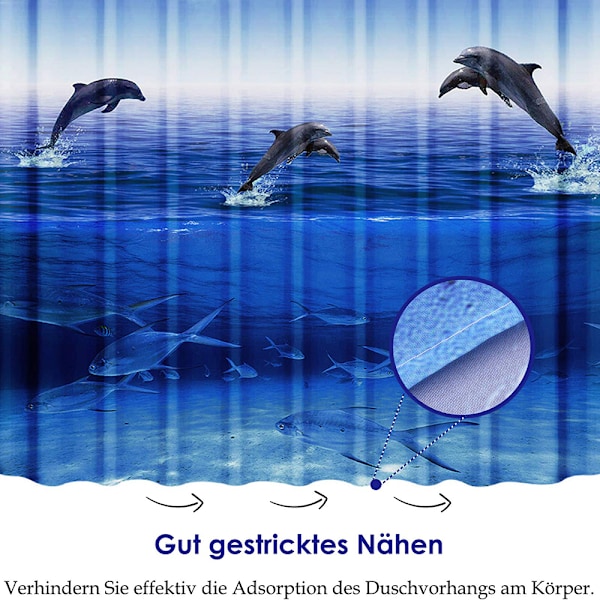 Bruseforhæng 180 x 200 cm, vandtæt bruseforhæng, blåt delfin bruseforhæng, polyester badeværelsesforhæng, vaskbart badeværelsesbruseforhæng,
