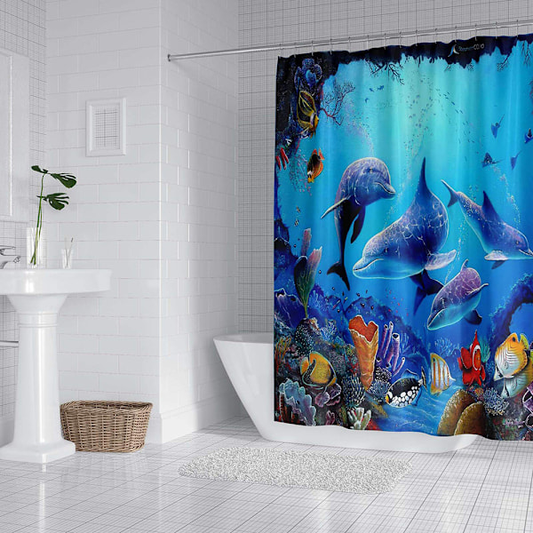 Bruseforhæng 180 x 200 cm, vandtæt bruseforhæng, blåt delfin bruseforhæng, polyester badeværelsesforhæng, vaskbart badeværelsesbruseforhæng,
