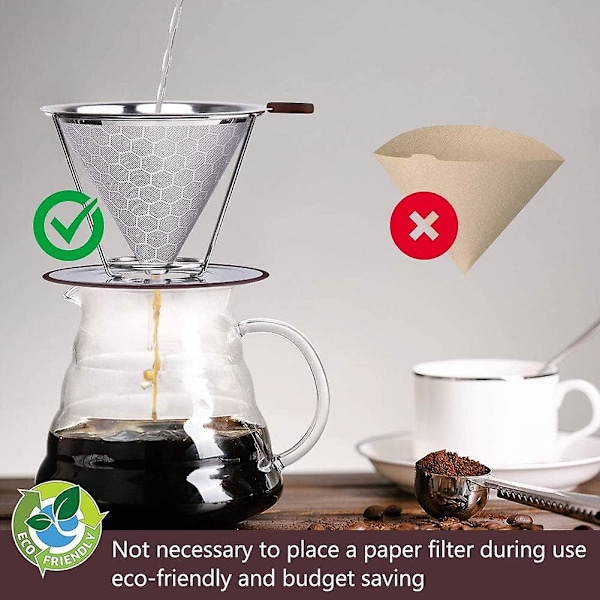 stk høypresisjons permanente kaffefiltre, matvaregodkjent 304 rustfritt stål, gjenbrukbare med dobbel rustfri stålnetting og silikonhåndtak