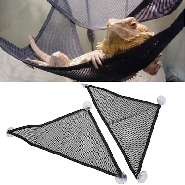 2 stk. Reptilhængekøje Skægget agam Firben Trekantet net hængekøje med sugekopper til Leguaner Anoler Gecko Firben Sort L