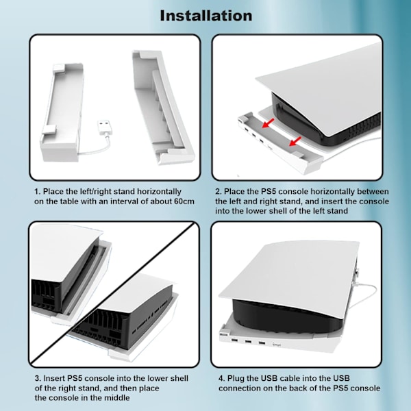 Horisontal stativ for PS5, PS5 tilbehørsbasestativ med 4 USB